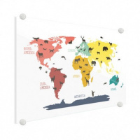 Wereldkaart Dieren Per Continent Kleuren - Plexiglas 90x60