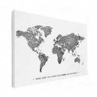 Wereldkaart Finger Prints Zwart Met Tekst - Canvas 120x80