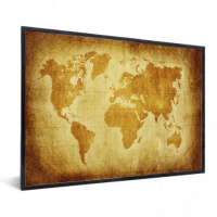 Wereldkaart Perkament Geel - Zwarte lijst, Passe partout wit 40x30