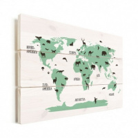 Wereldkaart Dieren Per Continent Groen - Verticale planken hout 40x30