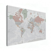 Wereldkaart Aardrijkskundig Lichte Tinten - Canvas 90x60