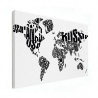 Wereldkaart Landmassa In Letters Zwart - Canvas 40x30