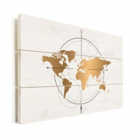 Wereldkaart Golden Compass - Horizontale planken hout 90x60