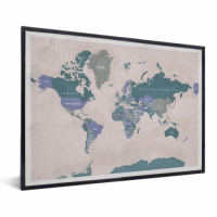 Wereldkaart Aardrijkskundig Groentinten Diagonale Strepen - Zwarte lijst, Geen passe partout 40x30