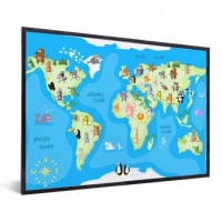 Wereldkaart Vrolijke Dieren Van De Wereld - Zwarte lijst, Passe partout zwart 40x30
