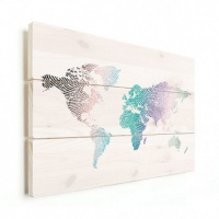Wereldkaart Fingerprints Gekleurd - Horizontale planken hout 120x80