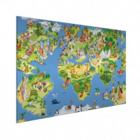 Wereldkaart Prent Dieren En Bezienswaardigheden - Geborsteld aluminium 120x80