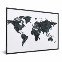 Wereldkaart Circelpatroon Diagonale Lijnen Blauwtint - Zwarte lijst, Passe partout zwart 40x30