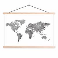 Wereldkaart Fingerprints Zwart - Schoolplaat 60x40