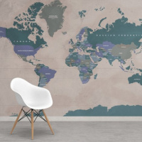 Wereldkaart Aardrijkskundig Groentinten Diagonale Strepen - Vinylbehang 265x350