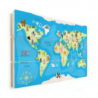 Wereldkaart Vrolijke Dieren Van De Wereld - Verticale planken hout 120x80