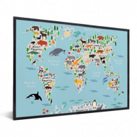 Wereldkaart Ons Dierenrijk En De Continenten - Zwarte lijst, Geen passe partout 40x30