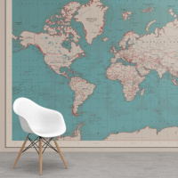 Wereldkaart Aardrijkskundig Rode Grenzen - Vinylbehang 265x350