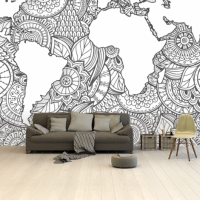 Wereldkaart Circelpatroon Zee Zwart - Vinylbehang 265x400