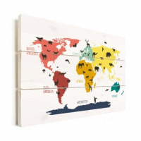 Wereldkaart Dieren Per Continent Kleuren - Verticale planken hout 40x30