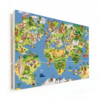 Wereldkaart Prent Dieren En Bezienswaardigheden - Horizontale planken hout 90x60