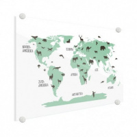 Wereldkaart Dieren Per Continent Groen - Plexiglas 40x30