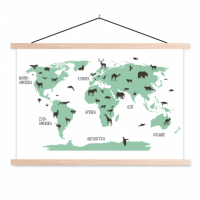 Wereldkaart Dieren Per Continent Groen - Schoolplaat 90x60