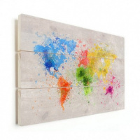 Wereldkaart Atristiek Gekleurde Verfspatters - Horizontale planken hout 90x60