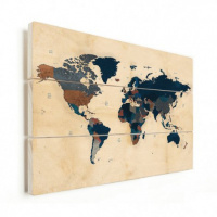 Wereldkaart Landen Donkere Tinten - Verticale planken hout 120x80