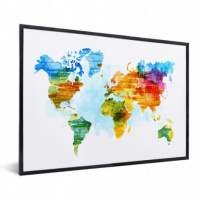 Wereldkaart Ecoline Kleuren - Zwarte lijst, Passe partout wit 40x30