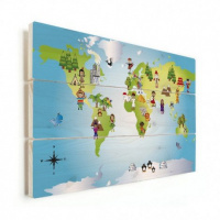 Wereldkaart Onze Bewoners Prent - Verticale planken hout 90x60