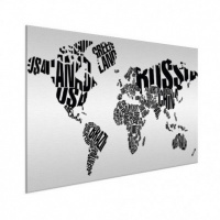 Wereldkaart Landmassa In Letters Zwart - Geborsteld aluminium 120x90