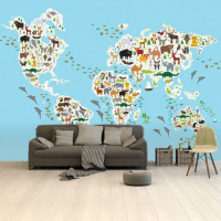 Wereldkaart Dieren Van De Wereld - Vinylbehang 265x350