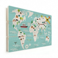 Wereldkaart Prent Vervoersmiddelen - Horizontale planken hout 120x80