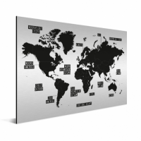 Wereldkaart Zwart Gebiednamen - Wit aluminium 160x80