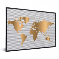 Wereldkaart Golden Waves - Zwarte lijst, Passe partout wit 40x30