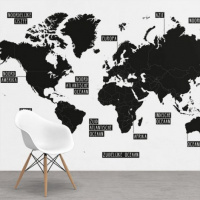 Wereldkaart Zwart Gebiednamen - Vinylbehang 265x350