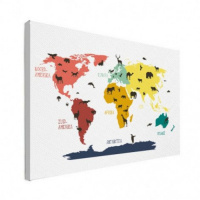 Wereldkaart Dieren Per Continent Kleuren - Canvas 90x60