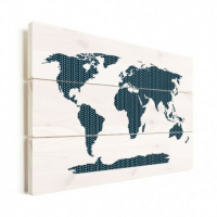 Wereldkaart Kruisjespatroon Blauw - Verticale planken hout 120x80