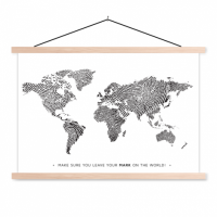 Wereldkaart Fingerprints Zwart Met Tekst - Schoolplaat 90x60