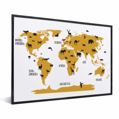 Wereldkaart Dieren Per Continent Geel - Zwarte lijst, Geen passe partout 40x30